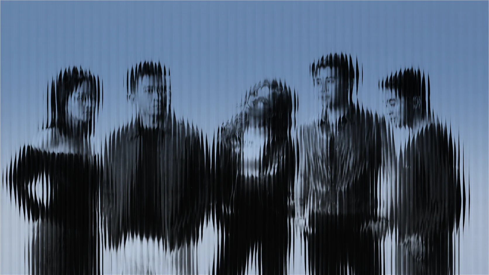 The five members of Pinopela photographed through ribbed glass on blue